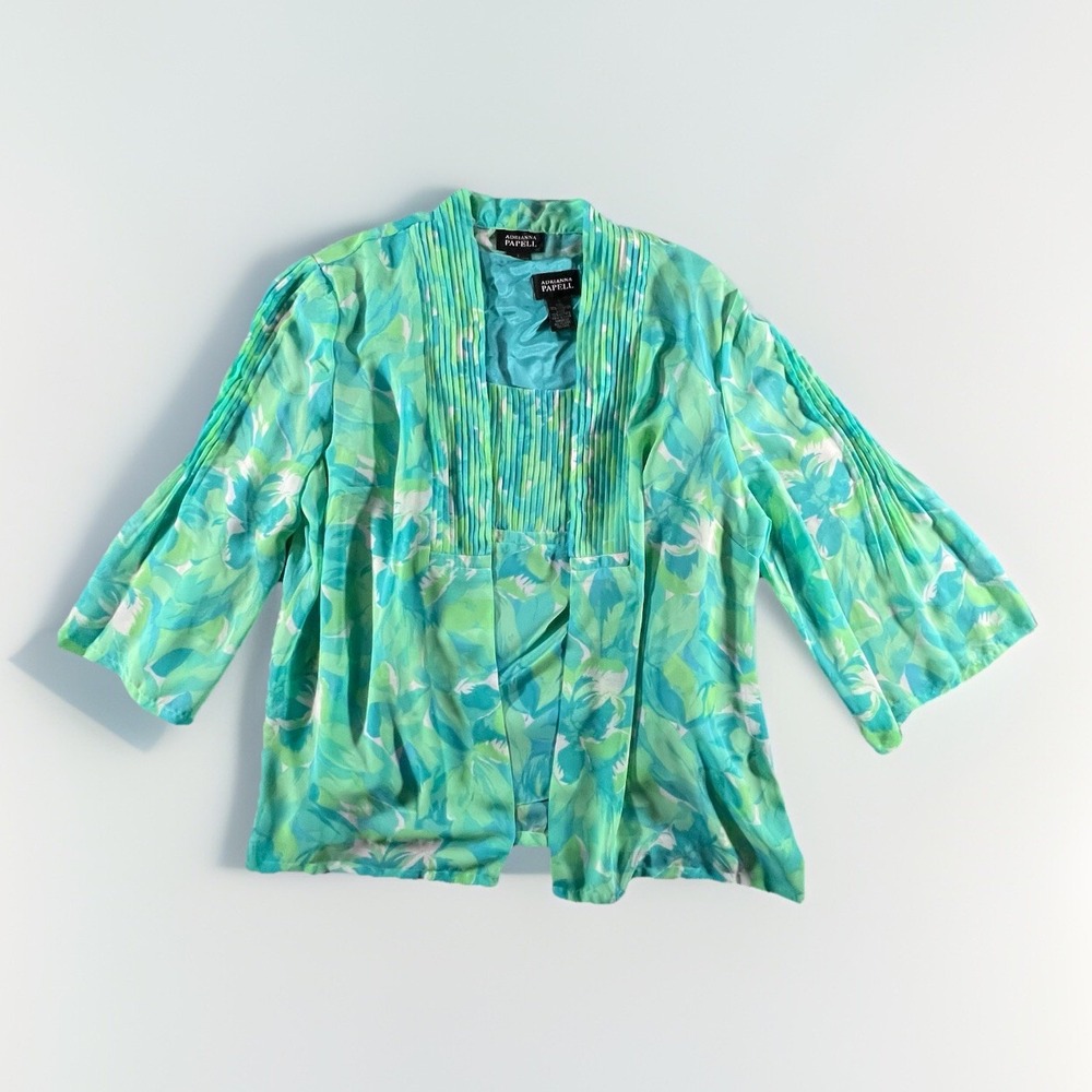 Adrianna Papell Floral 2pc Set Women‎ Large Green Teal Pintuck Tank Cardigan